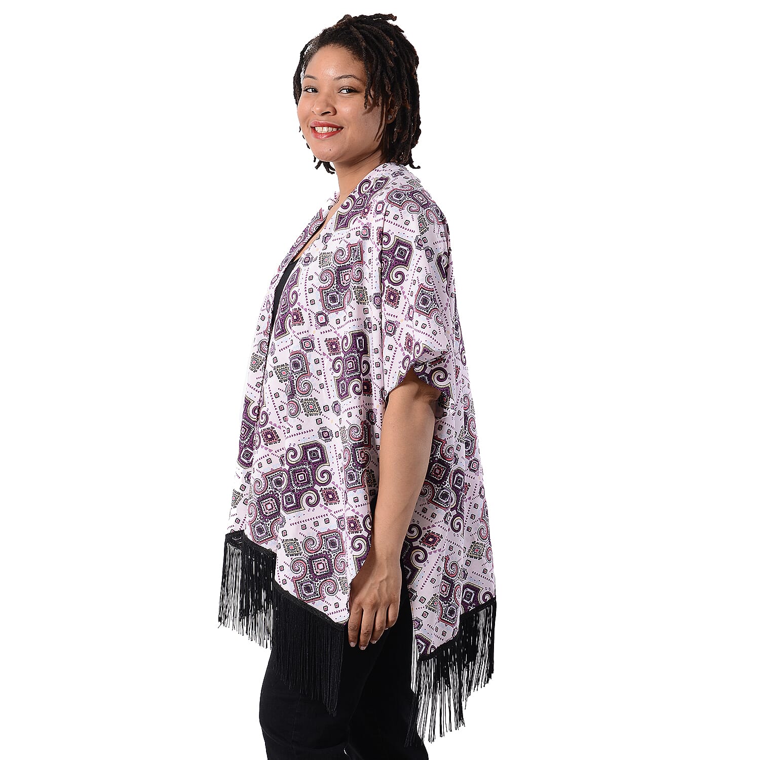 Printed Kimono with Tassel in Purple (Size 90x70+15cm)