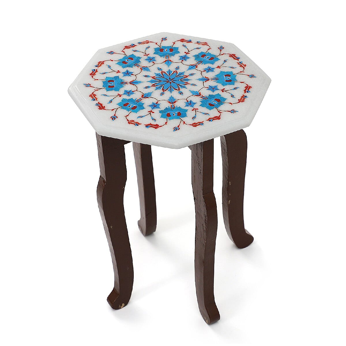 Marble Inlaid TableTop with Floral Inlay with Wooden Legs