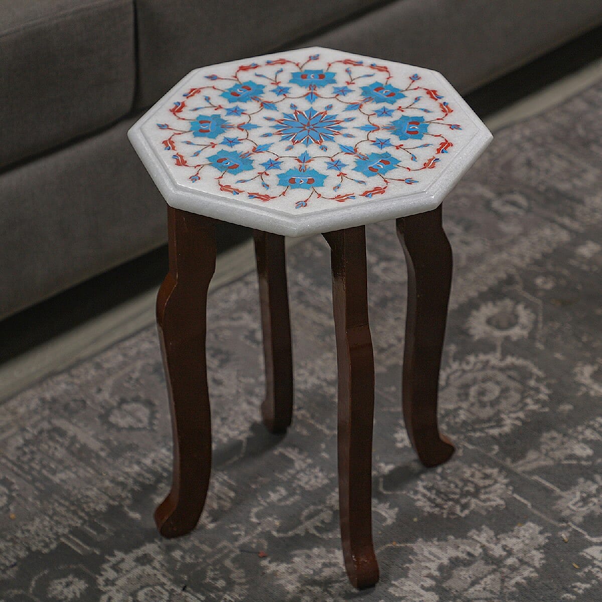 Marble Inlaid TableTop with Floral Inlay with Wooden Legs