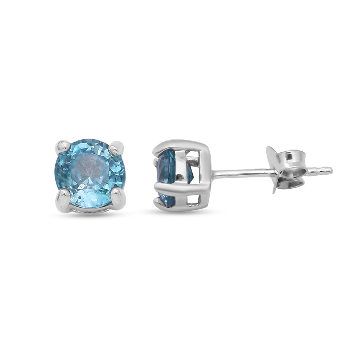Natural Ratanakiri Blue Zircon Stud Earrings (with Push Back) in Rhodium Overlay Sterling Silver 2.00 Ct.