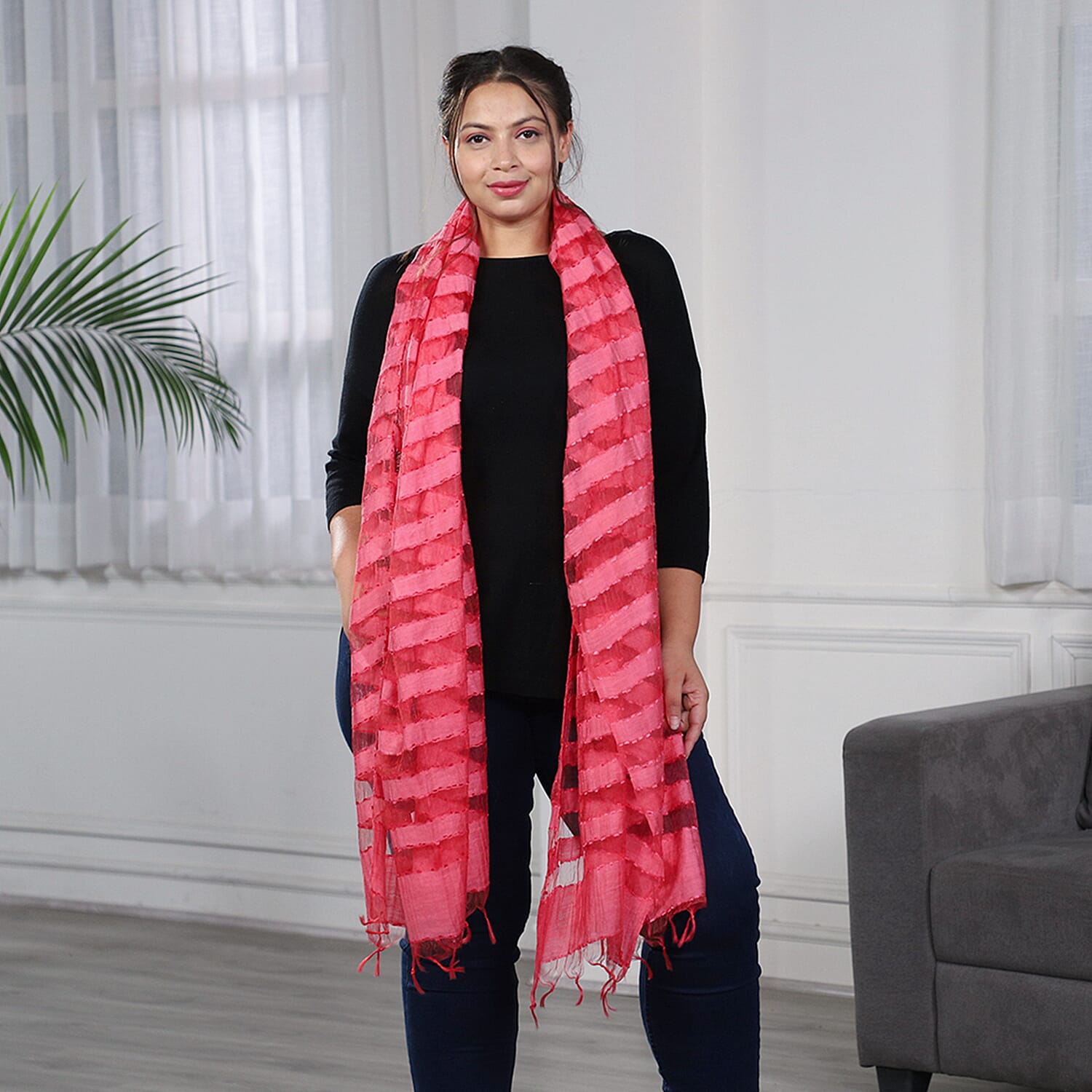 JOVIE - New Season Handmade Scarf with Fringes in Dark Pink (Size 76x235cm)