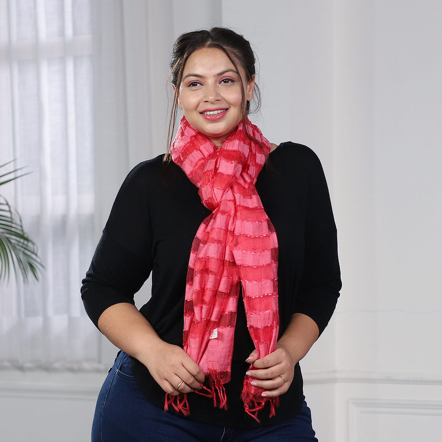 JOVIE - New Season Handmade Scarf with Fringes in Dark Pink (Size 76x235cm)