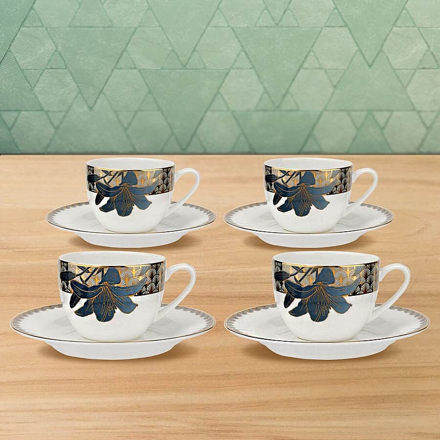 Set of 4 - Royal Worcester Blue Lily Fine Bone China Tea Cup (6.5cm) and Saucer (17cm)