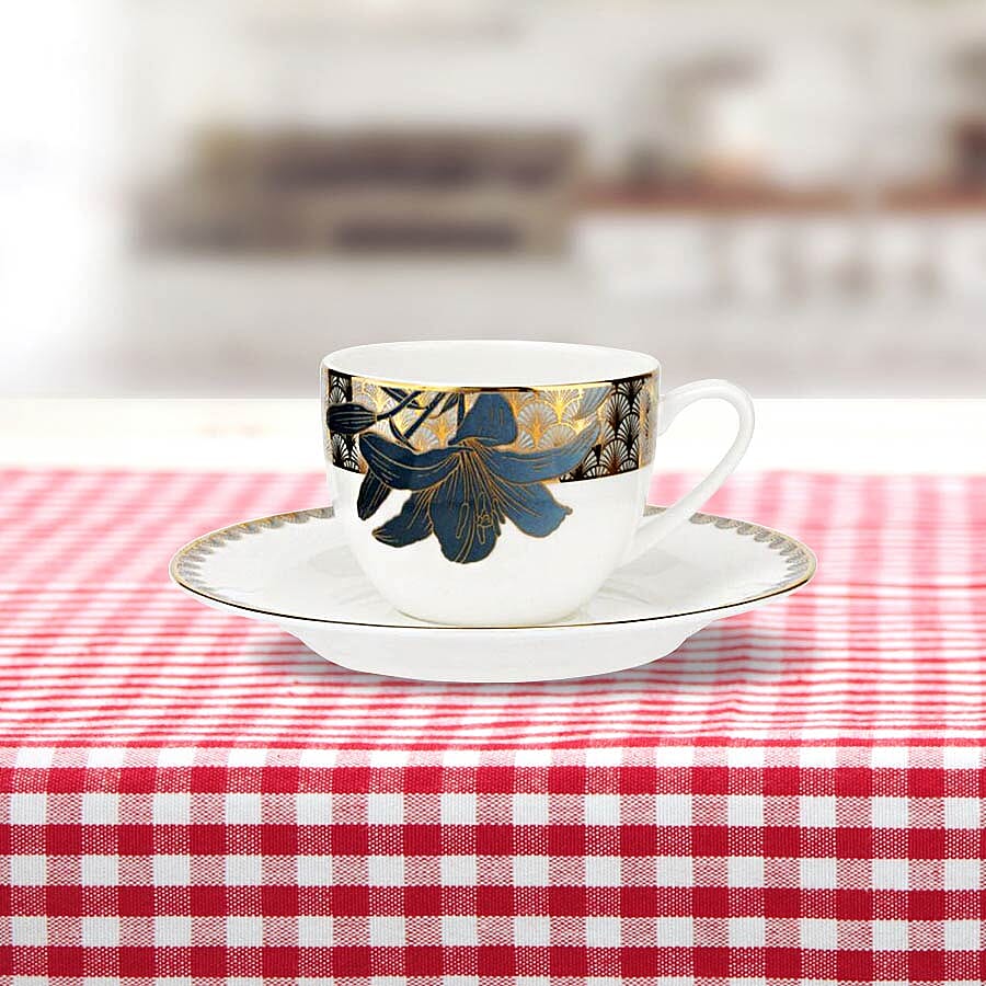 Set of 4 - Royal Worcester Blue Lily Fine Bone China Tea Cup (6.5cm) and Saucer (17cm)