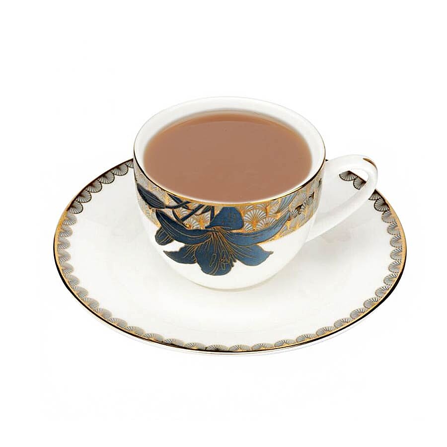 Set of 4 - Royal Worcester Blue Lily Fine Bone China Tea Cup (6.5cm) and Saucer (17cm)