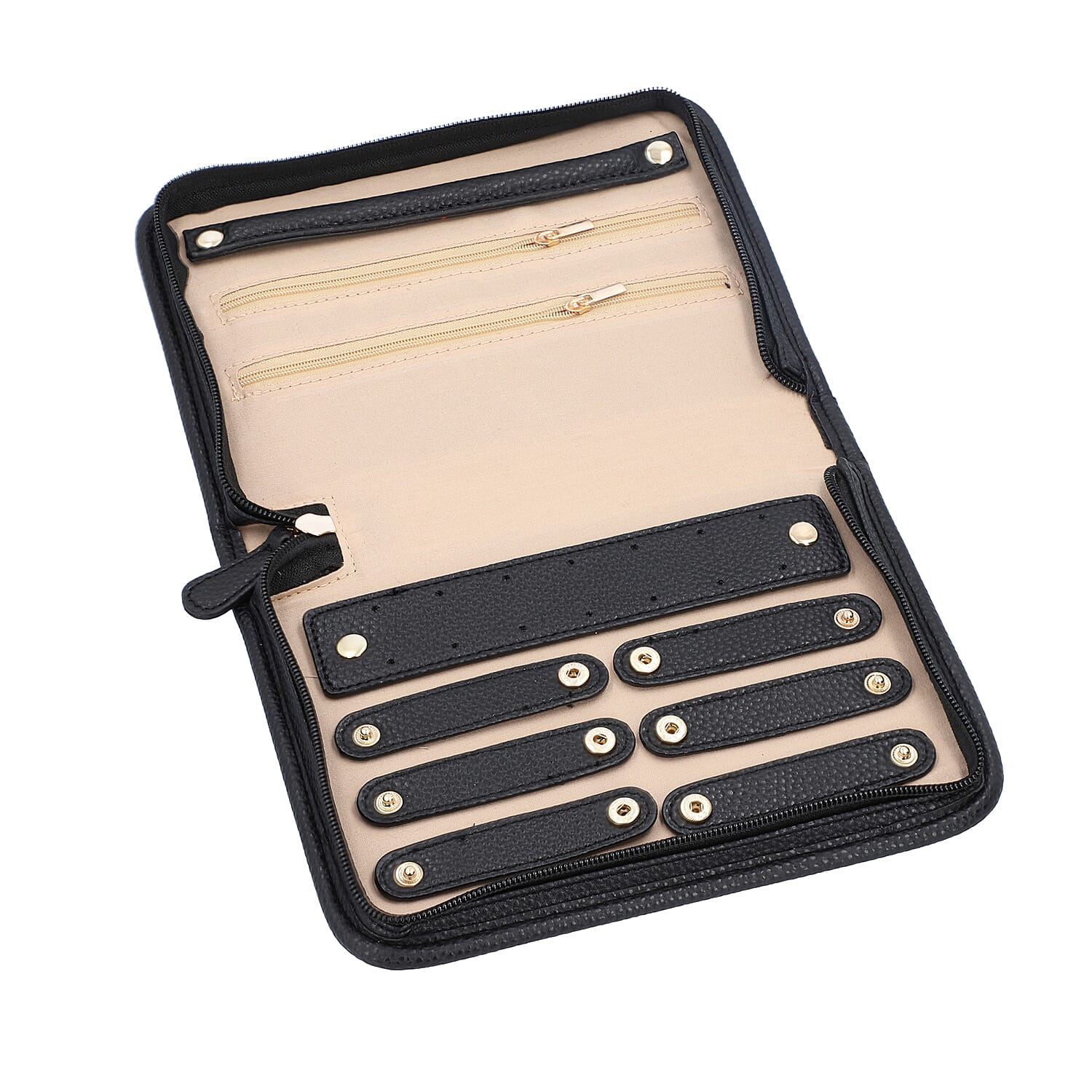 Portable Lichee Pattern Jewellery Organiser (Includes 1 Ring Band, 2 Zip Pockets, 1 Removable Earring Panel & 6 Necklace Clips) (Size 21.5x14.6x4.5cm) - Black