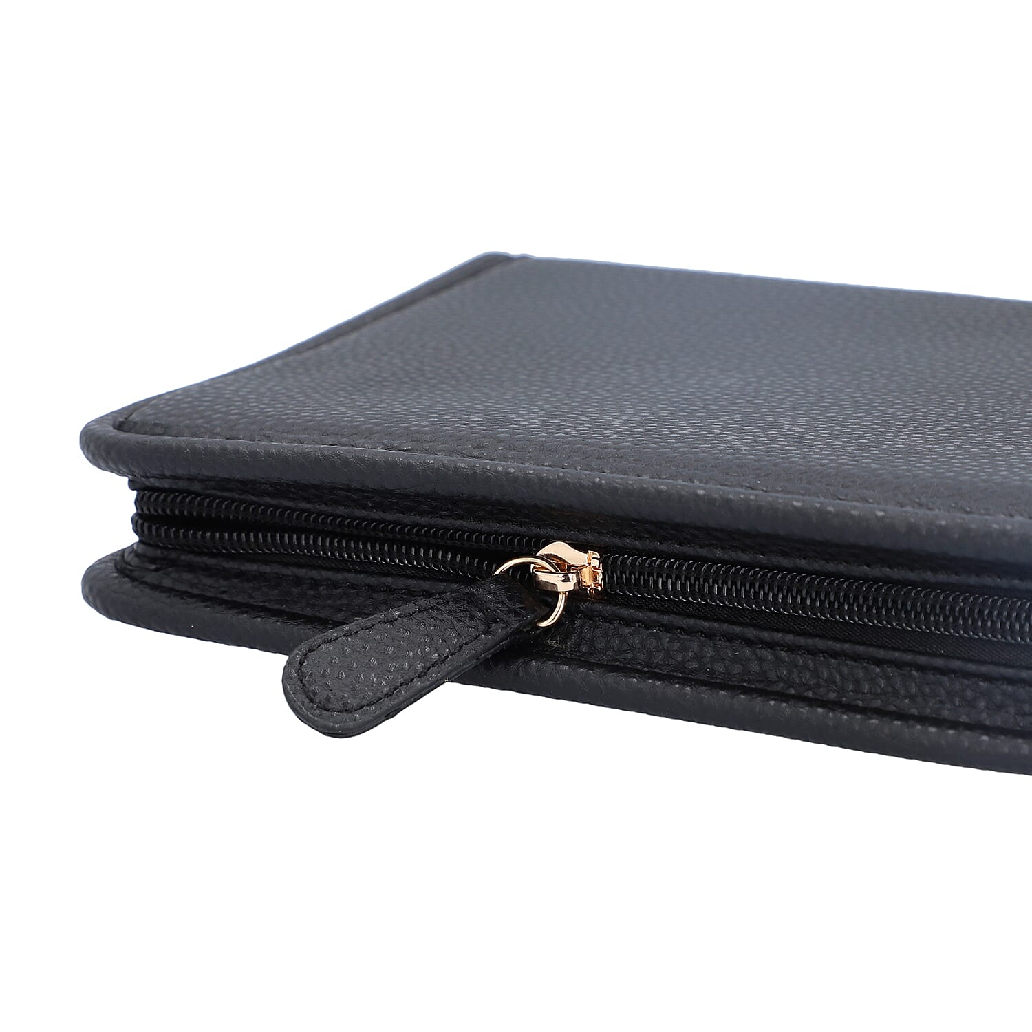 Portable Lichee Pattern Jewellery Organiser (Includes 1 Ring Band, 2 Zip Pockets, 1 Removable Earring Panel & 6 Necklace Clips) (Size 21.5x14.6x4.5cm) - Black