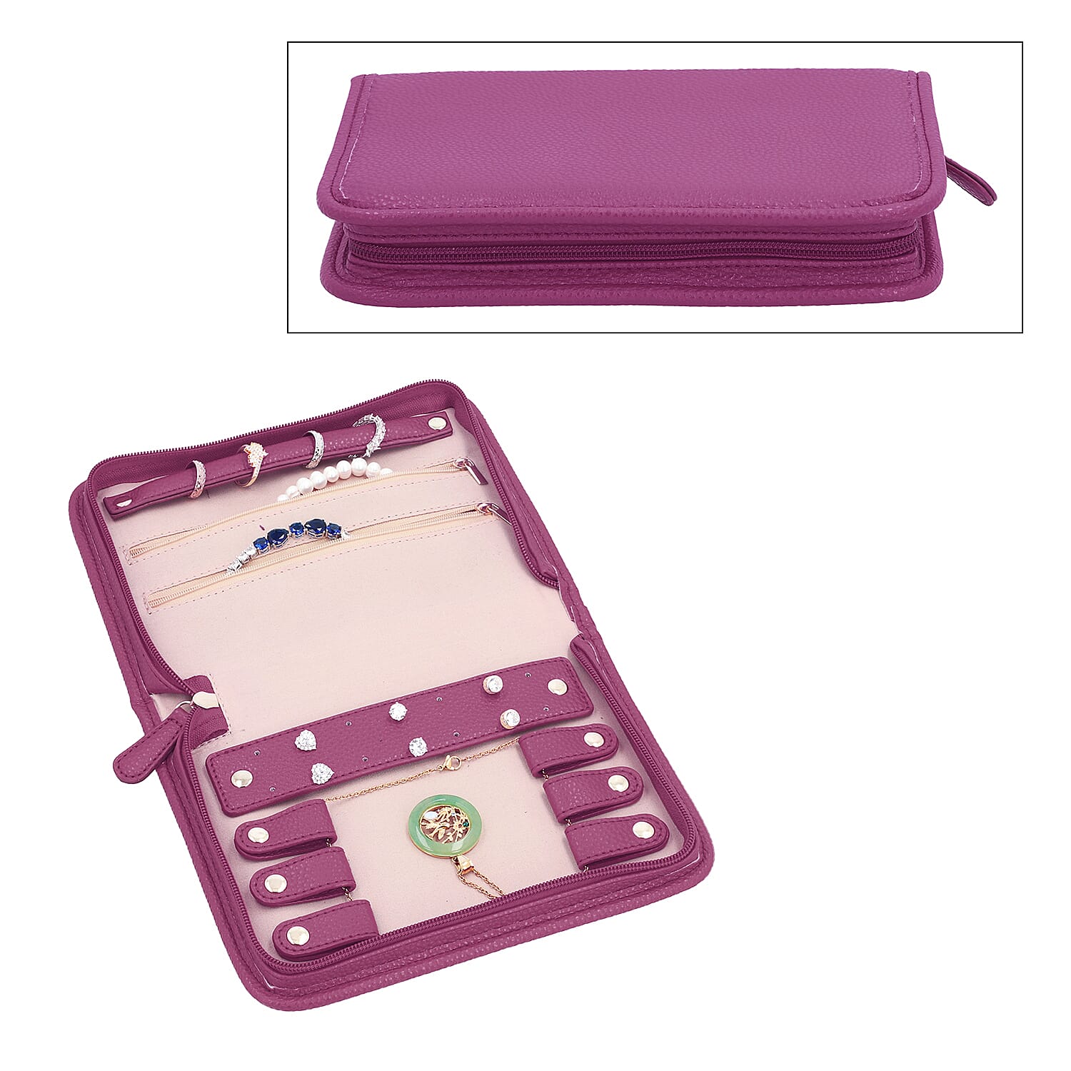 Portable Lichee Pattern Jewellery Organiser (Includes 1 Ring Band, 2 Zip Pockets, 1 Removable Earring Panel & 6 Necklace Clips) (Size 21x15x4cm) - Purple