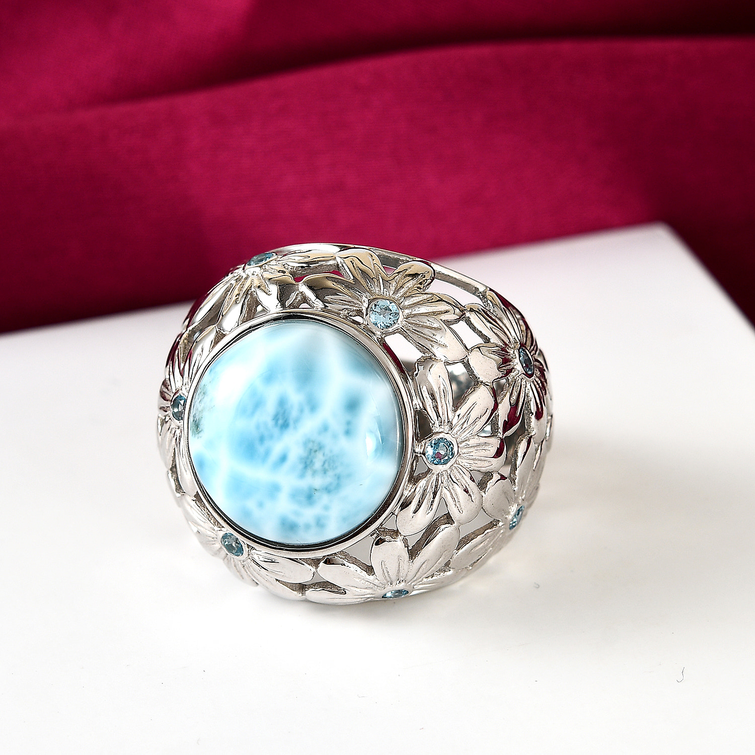 Sajen Silver Cultural Flair Collection - 11 Ct. Larimar and Blue Topaz Floral Ring in Sterling Silver