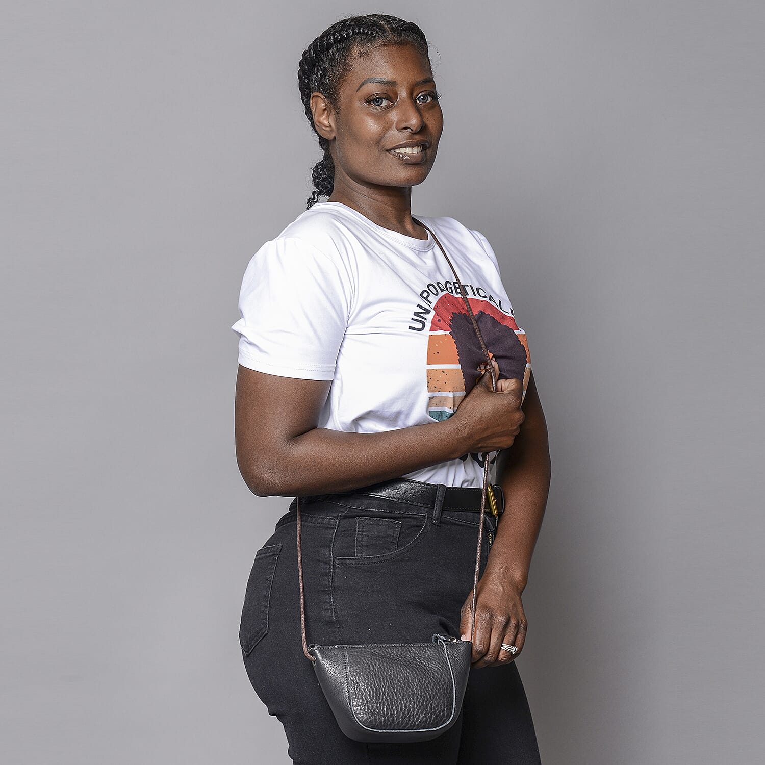 Genuine Leather Middle Size Crossbody Bag - Black