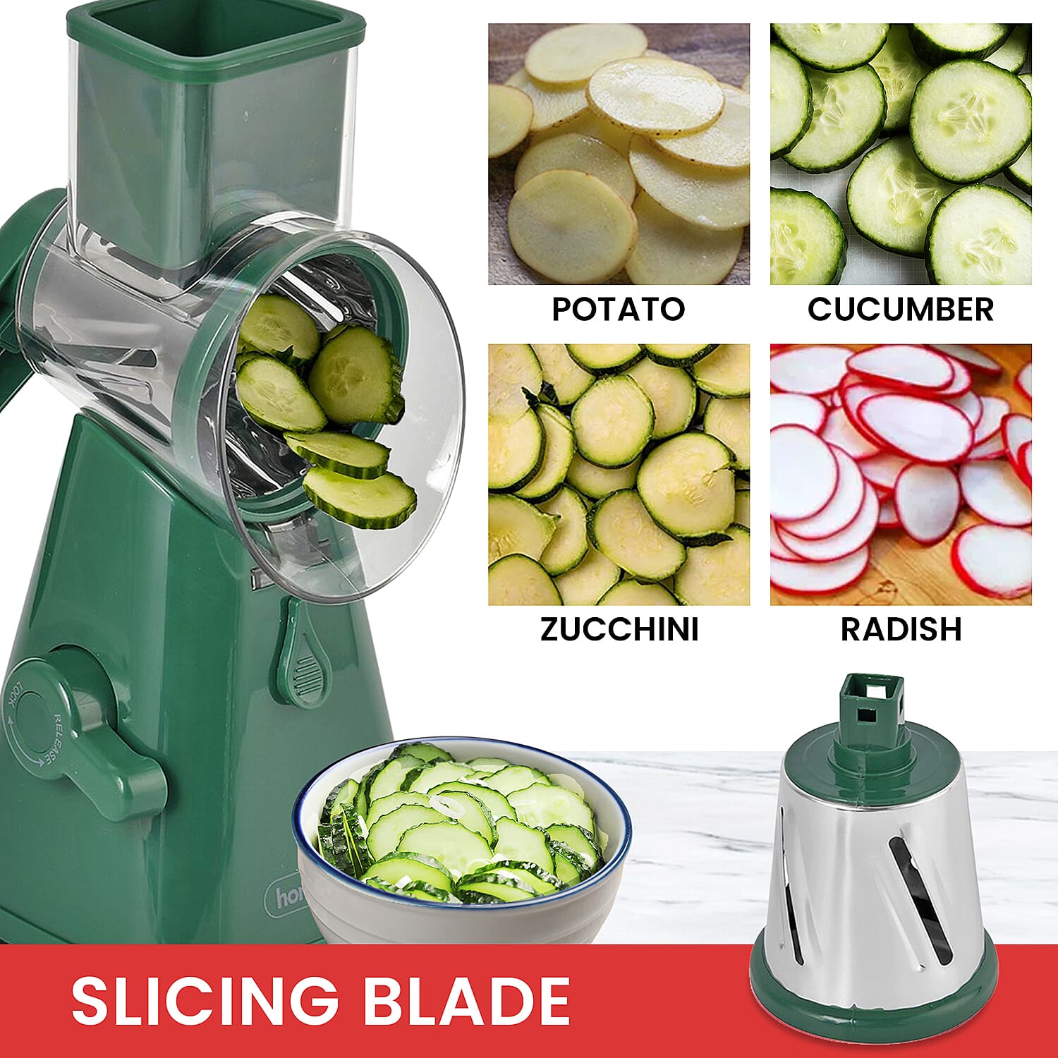 Whizzy Chopper - 3 in 1 - Vegetable and Fruit Slicer with One Slicing, Shredding and Grating Blade (Size 18x14x28 Cm) - Dark Green