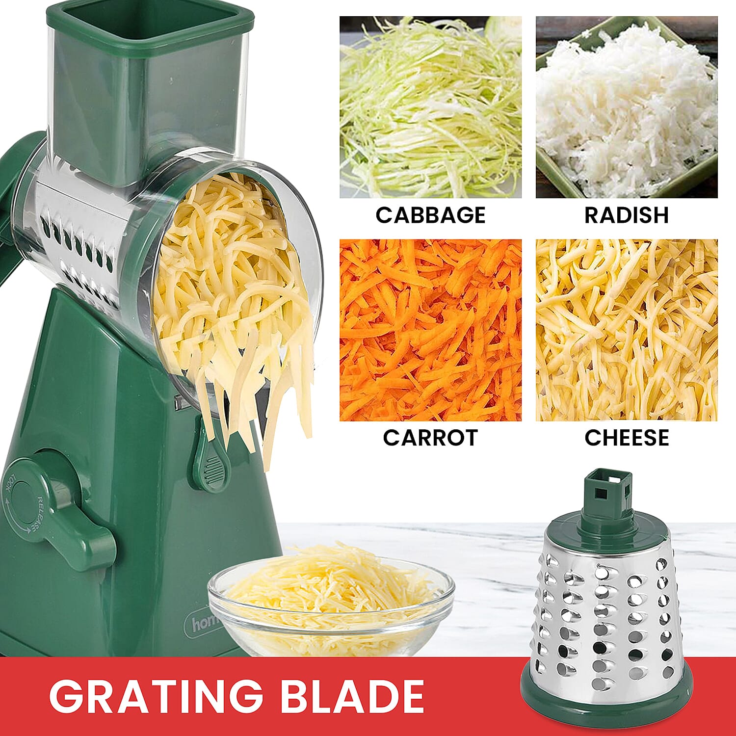 Whizzy Chopper - 3 in 1 - Vegetable and Fruit Slicer with One Slicing, Shredding and Grating Blade (Size 18x14x28 Cm) - Dark Green
