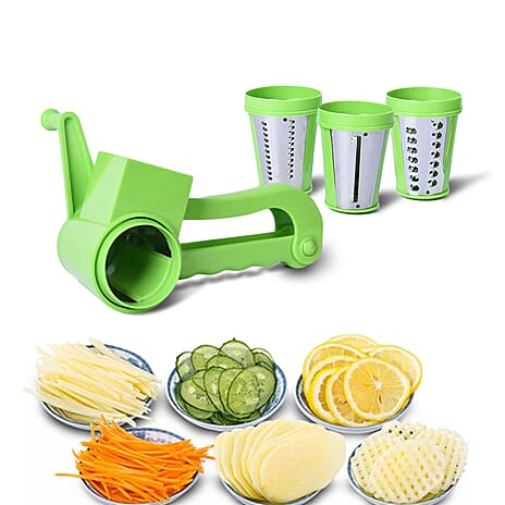 Handheld Non-Electric Slicer, Grater, Grinder with 3 Removable Blades - Green