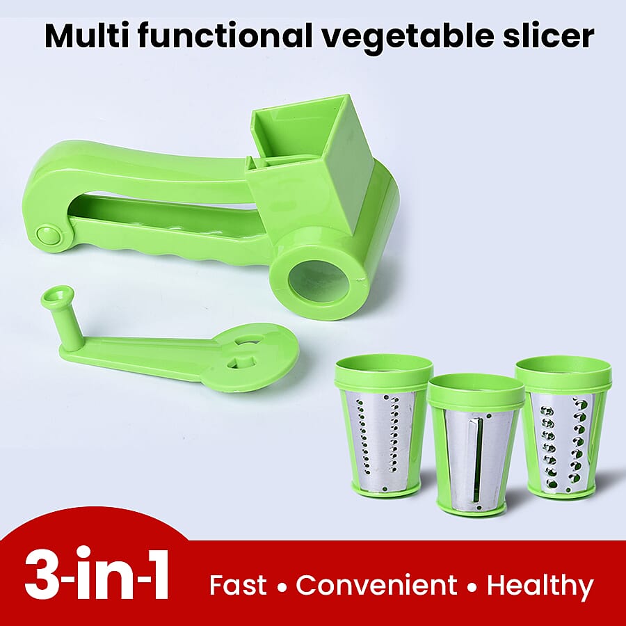 Handheld Non-Electric Slicer, Grater, Grinder with 3 Removable Blades - Green