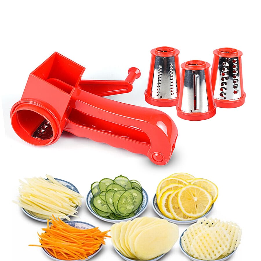 Handheld Non-Electric Slicer, Grater, Grinder with 3 Removable Blades - Red