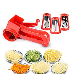 Handheld non-electric Slicer, Grater, Grinder with 3 removable blades - Red