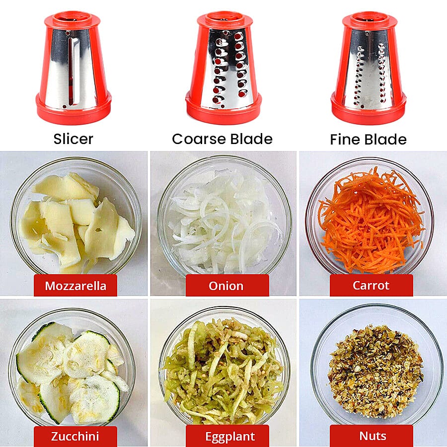 Handheld Non-Electric Slicer, Grater, Grinder with 3 Removable Blades - Red