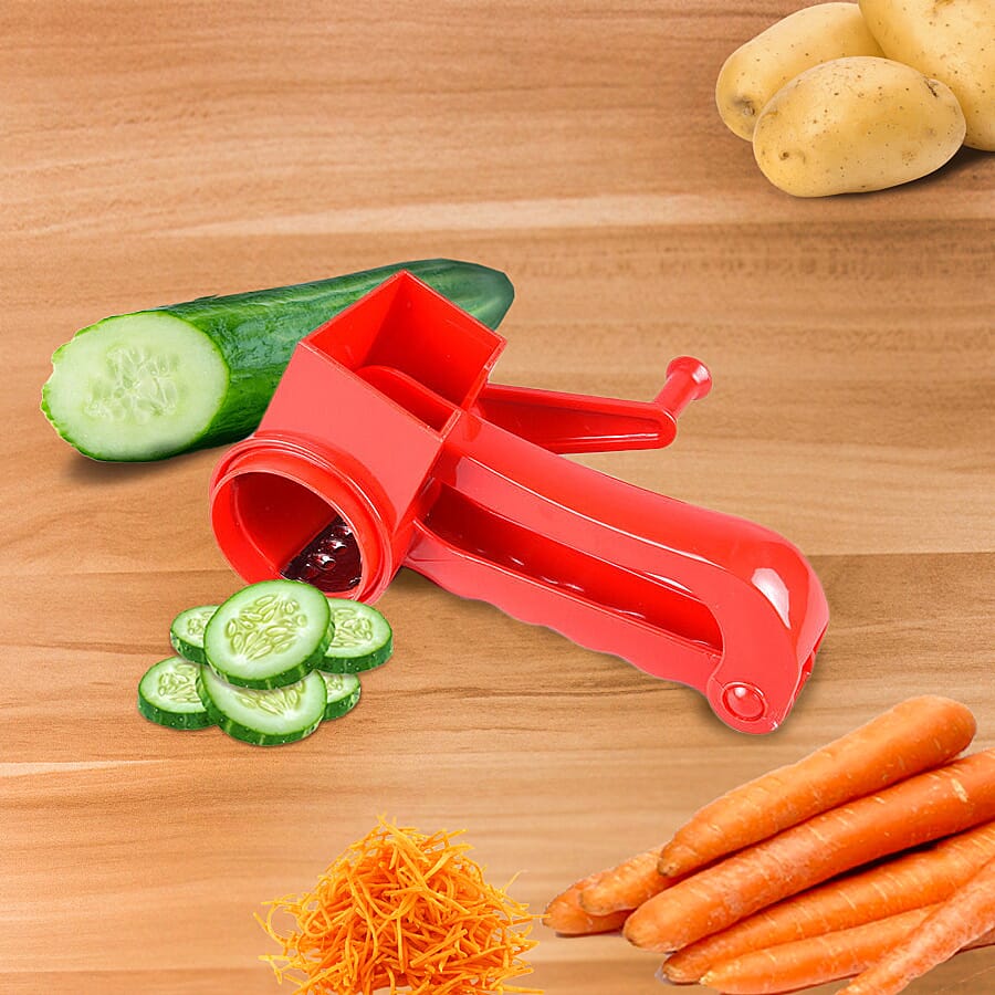 Handheld Non-Electric Slicer, Grater, Grinder with 3 Removable Blades - Red
