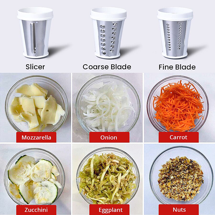 Handheld Non-Electric Slicer, Grater, Grinder with 3 Removable Blades - White