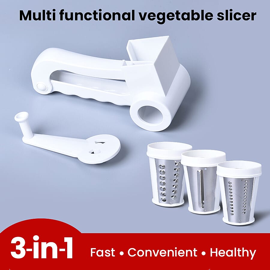 Handheld Non-Electric Slicer, Grater, Grinder with 3 Removable Blades - White