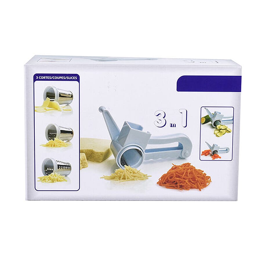 Handheld Non-Electric Slicer, Grater, Grinder with 3 Removable Blades - White