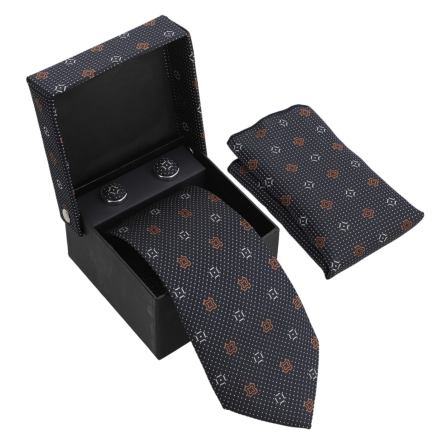3 Piece Set - Tie, Cufflink, Pocket Square in a Gift Box - Black (Size Tie- 150x8 cm; Pocket Square- 25 cm)