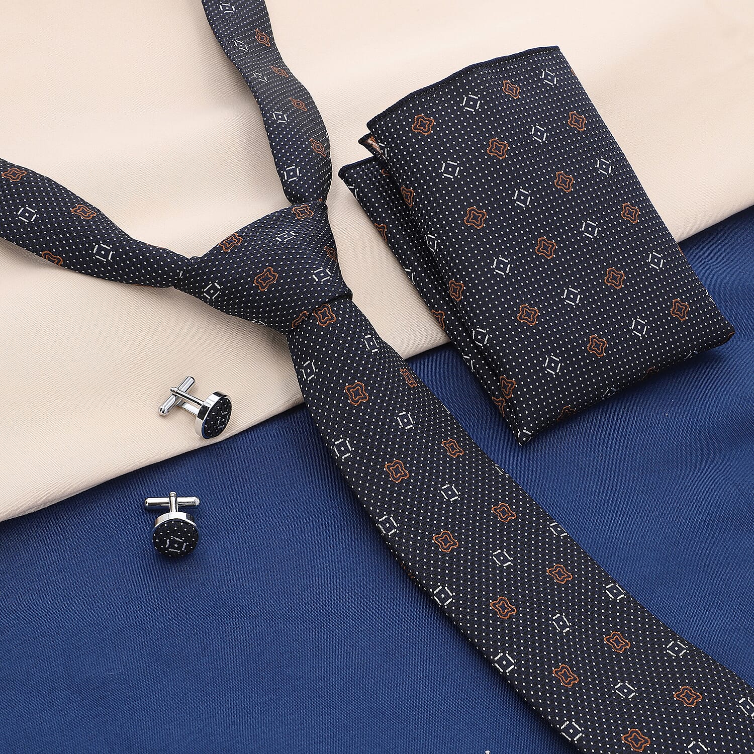 3 Piece Set - Tie, Cufflink, Pocket Square in a Gift Box - Black (Size Tie- 150x8 cm; Pocket Square- 25 cm)