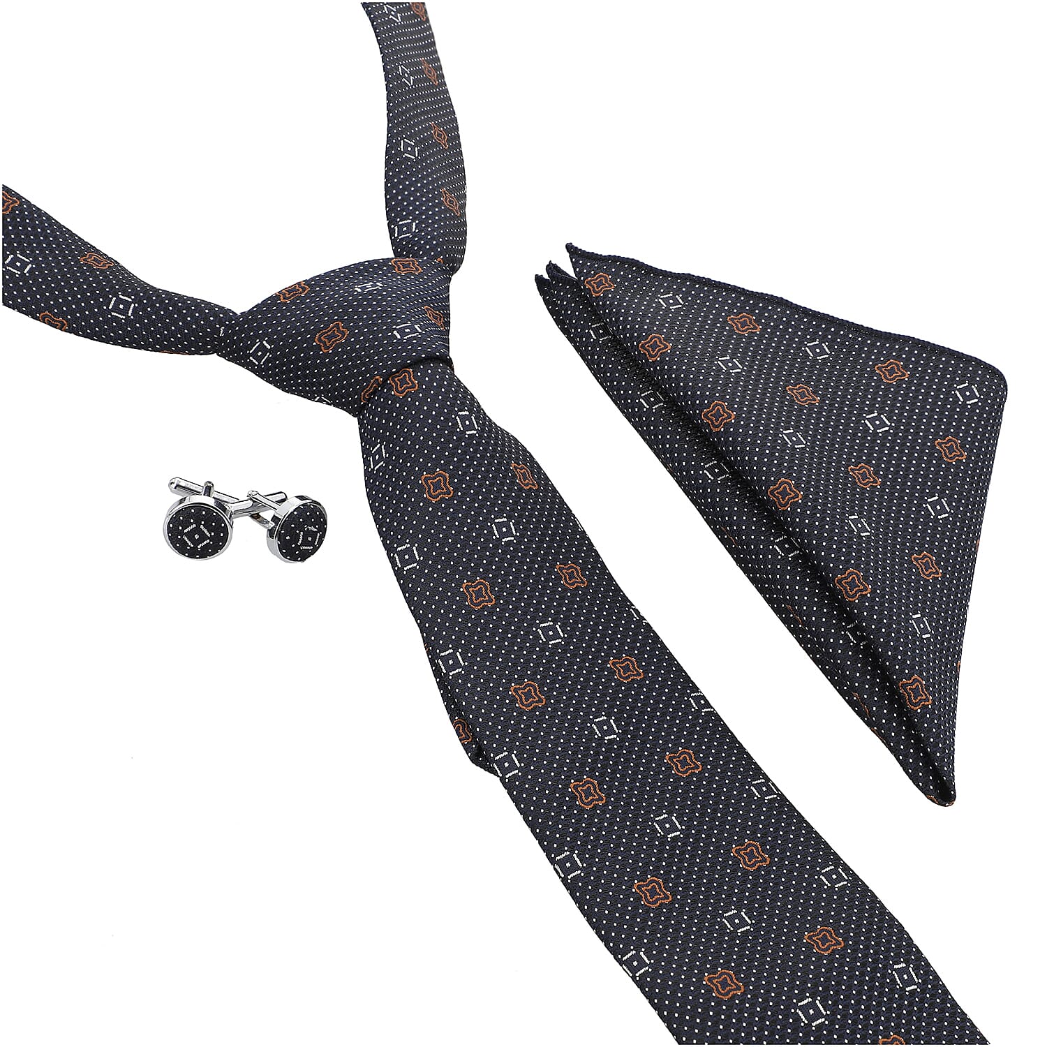 3 Piece Set - Tie, Cufflink, Pocket Square in a Gift Box - Black (Size Tie- 150x8 cm; Pocket Square- 25 cm)