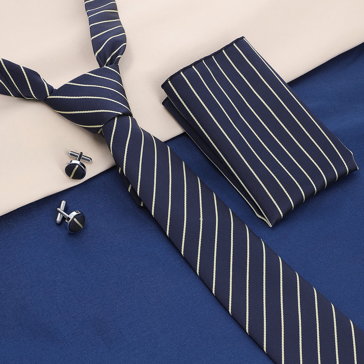 3 Piece Set - Tie, Cufflink, Pocket Square in a Gift Box - Navy (Size Tie- 150x8 cm; Pocket Square- 25 Cm)