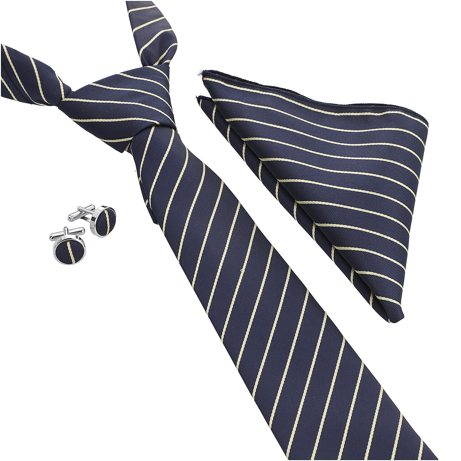3 Piece Set - Tie, Cufflink, Pocket Square in a Gift Box - Navy (Size Tie- 150x8 cm; Pocket Square- 25 Cm)