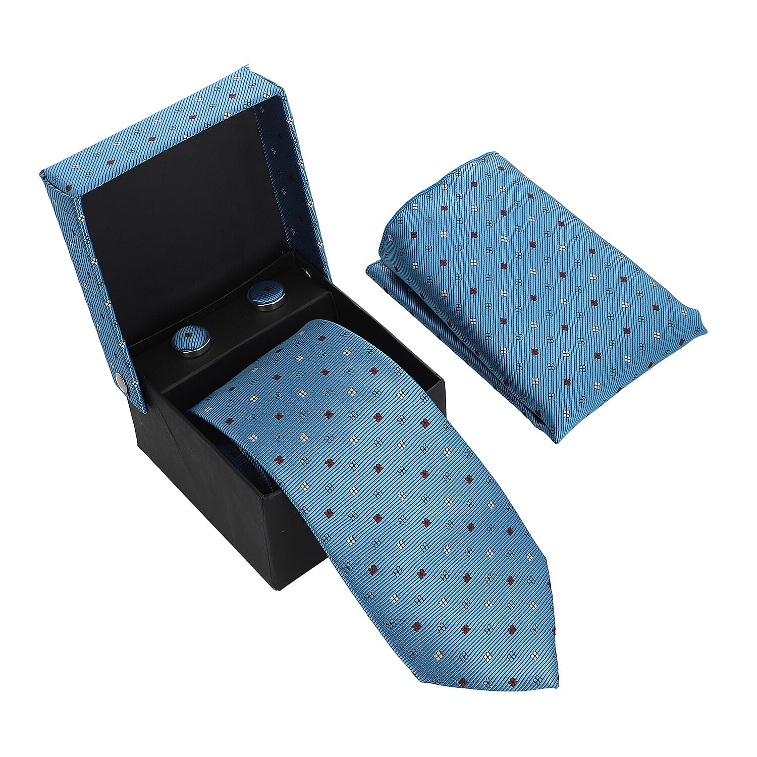 3 Piece Set - Tie, Cufflink, Pocket Square in a Gift Box -  Teal (Size Tie- 150x8 cm; Pocket Square- 25 cm)