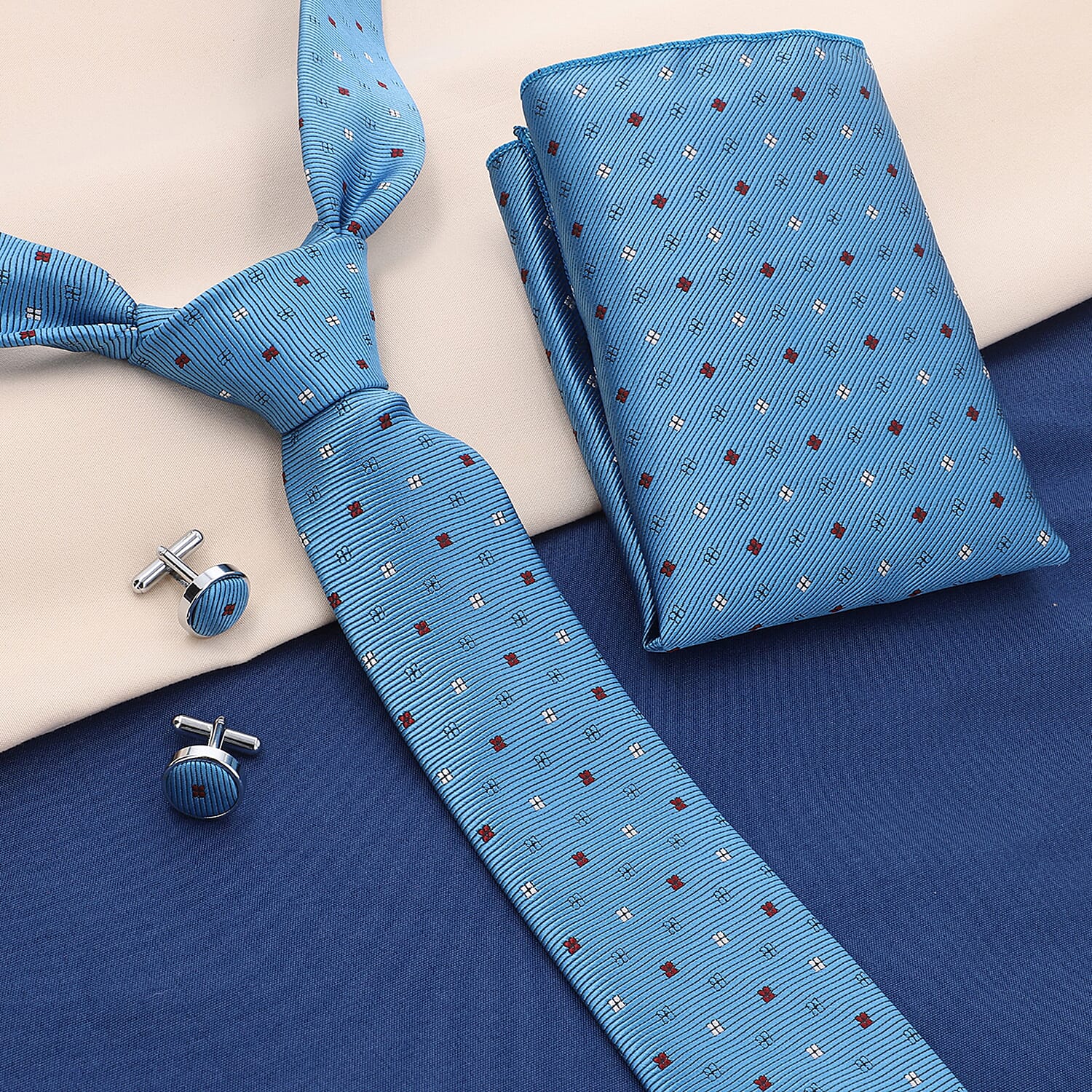 3 Piece Set - Tie, Cufflink, Pocket Square in a Gift Box -  Teal (Size Tie- 150x8 cm; Pocket Square- 25 cm)