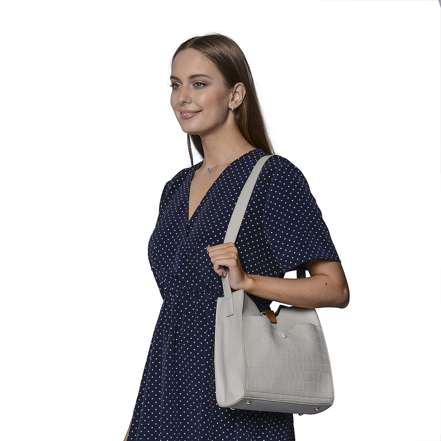 Set of 2 - PASSAGE Croc Embossed Tote bag and Pouch with Zipper Closure (Pouch size: 20x6x18cm and Bag size: 26X9X23 cm) - Green