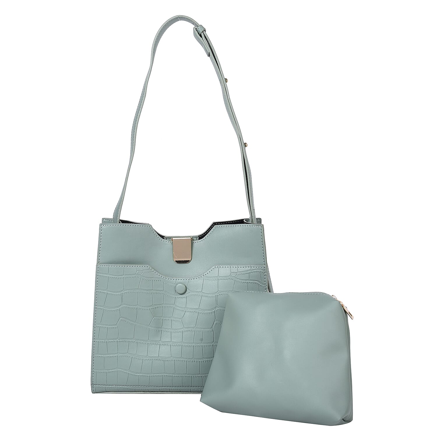 Set of 2 - PASSAGE Croc Embossed Tote bag and Pouch with Zipper Closure (Pouch size- 20x6x18cm and Bag size- 26X9X23 cm) - Green