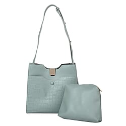 Set of 2 - PASSAGE Croc Embossed Tote bag and Pouch with Zipper Closure (Pouch size: 20x6x18cm and Bag size: 26X9X23 cm) - Green