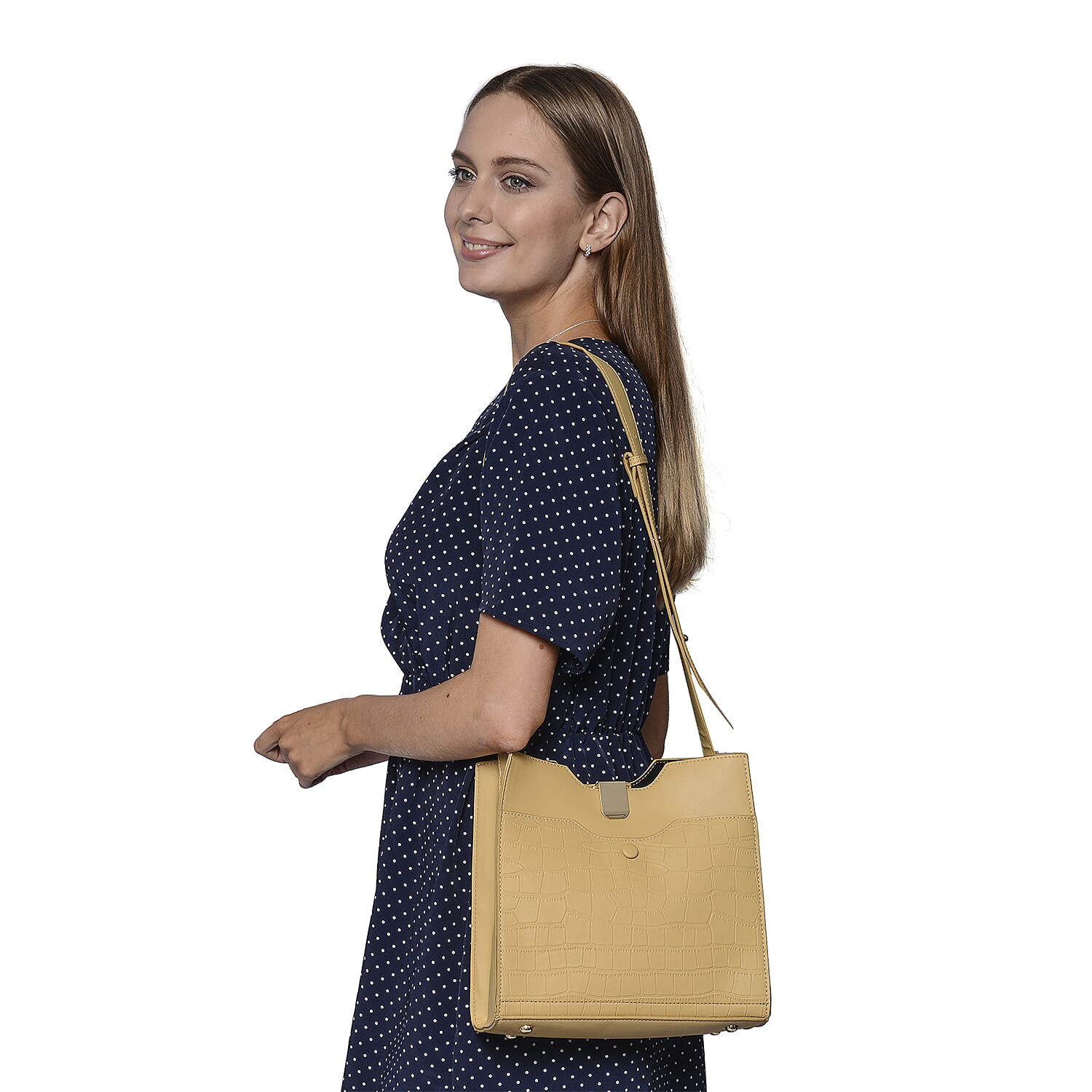 Set of 2 - PASSAGE Croc Embossed Tote bag and Pouch with Zipper Closure (Pouch size- 20x6x18cm and Bag size- 26x9x23cm) - Yellow