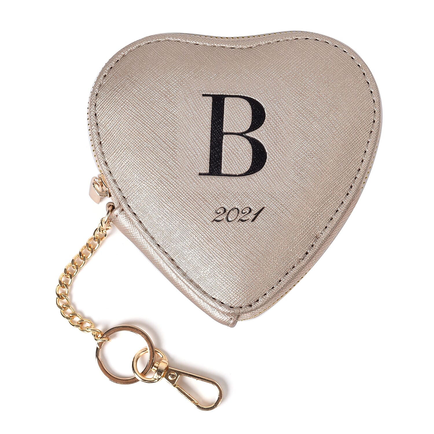 100% Genuine Leather B Initial Heart Shape Coin Card / Purse with Key Chain in Gold Colour (Size 12x2x12cm)