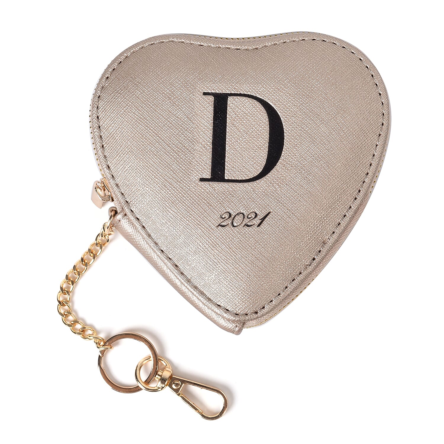 100% Genuine Leather D Initial Heart Shape Coin Card / Purse with Key Chain in Gold Colour (Size 12x2x12cm)
