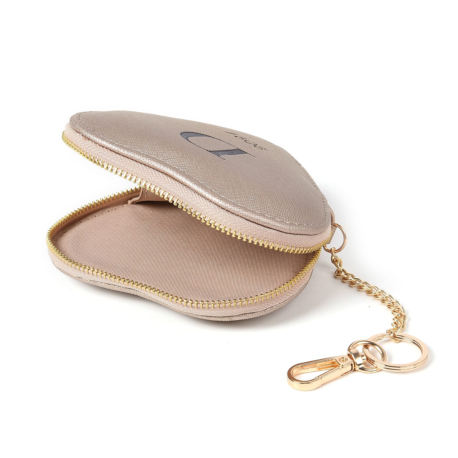 100% Genuine Leather D Initial Heart Shape Coin Card / Purse with Key Chain in Gold Colour (Size 12x2x12cm)