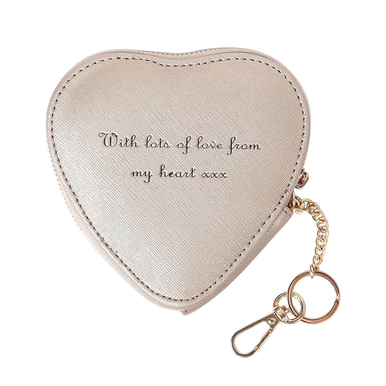100% Genuine Leather D Initial Heart Shape Coin Card / Purse with Key Chain in Gold Colour (Size 12x2x12cm)