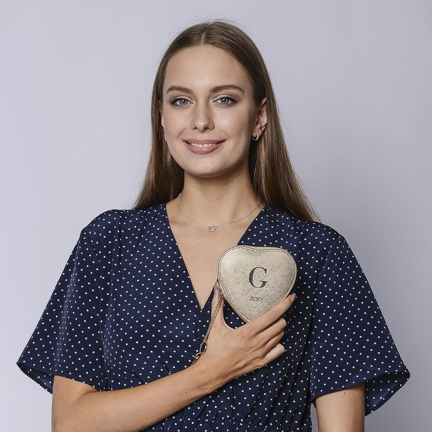 100% Genuine Leather G Initial Heart Shape Coin Card / Purse with Key Chain in Gold Colour (Size 12x2x12cm)