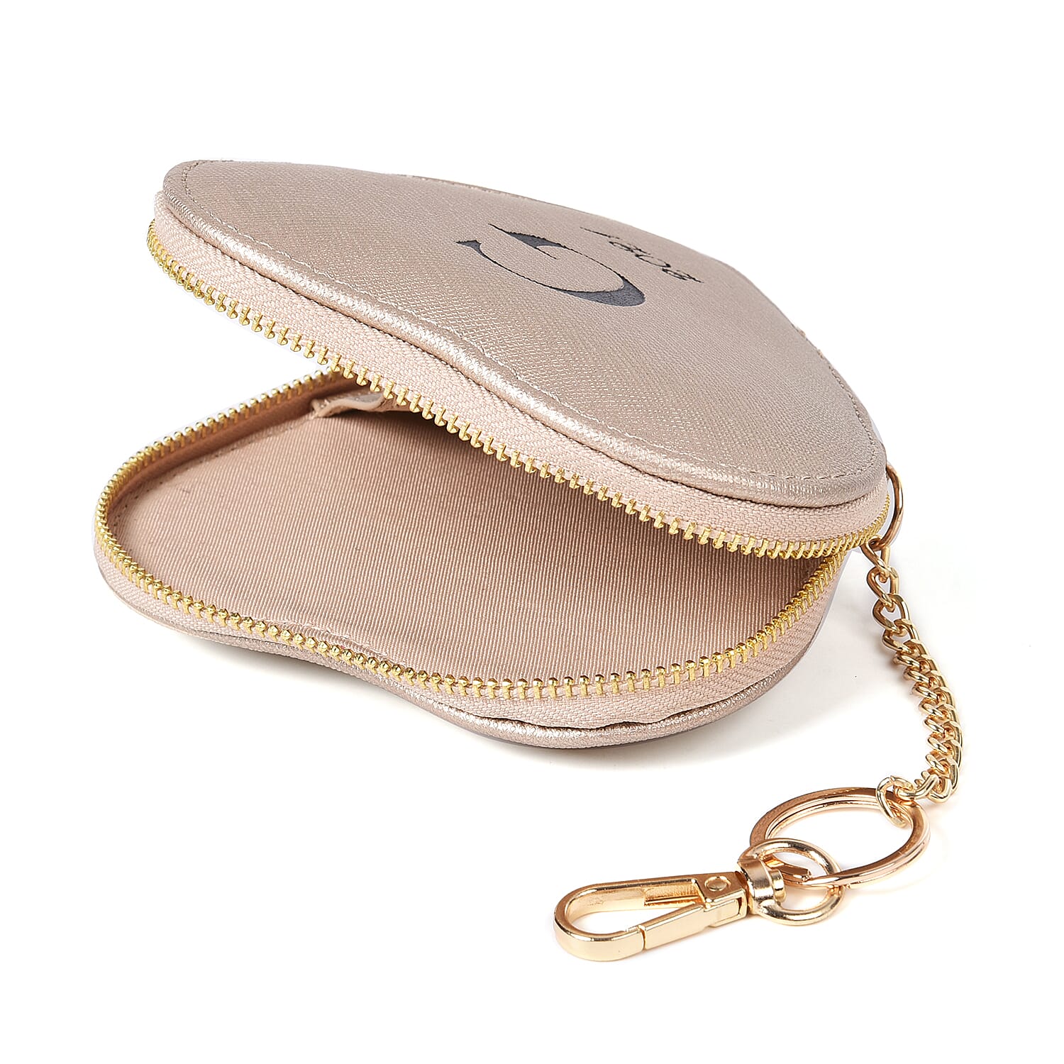 100% Genuine Leather G Initial Heart Shape Coin Card / Purse with Key Chain in Gold Colour (Size 12x2x12cm)