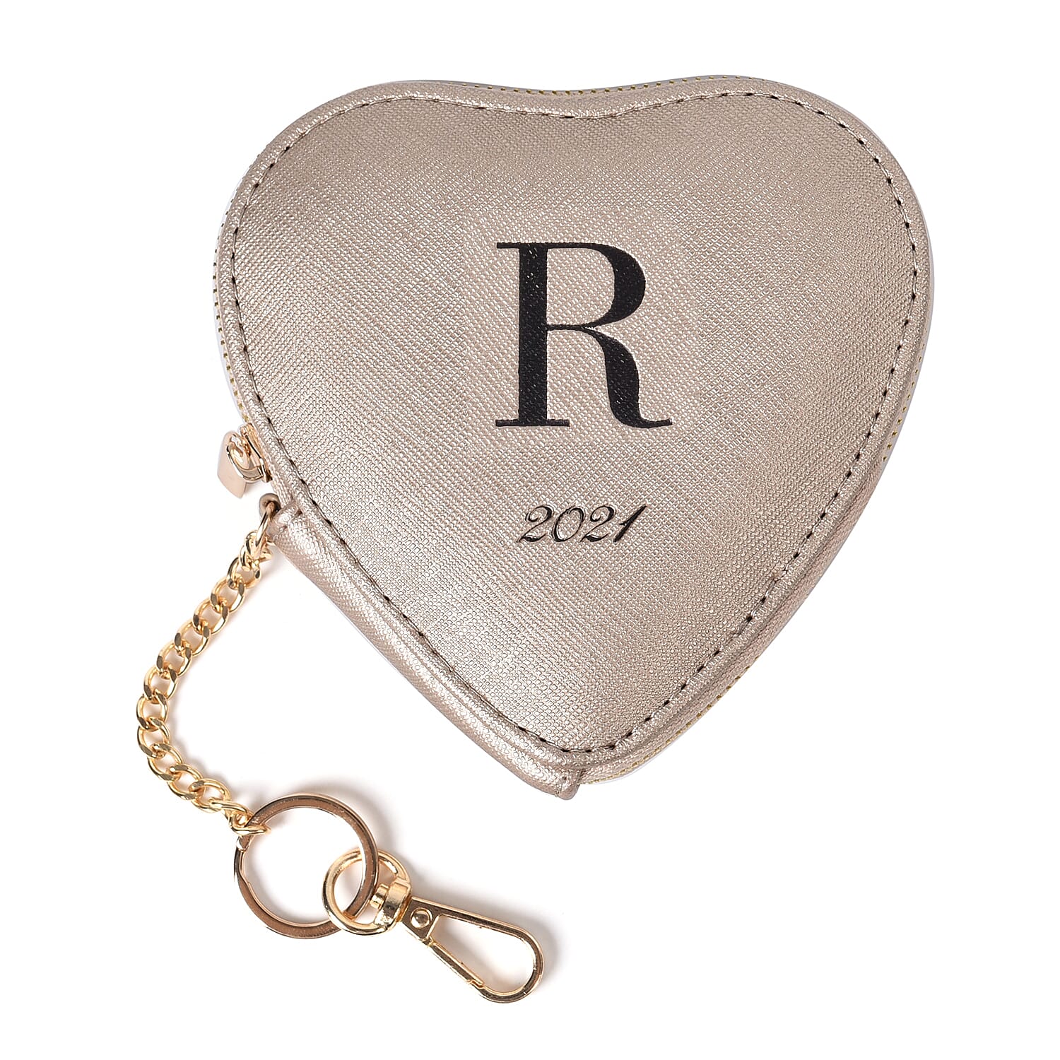 100% Genuine Leather R Initial Heart Shape Coin Card / Purse with Key Chain in Gold Colour (Size 12x2x12cm)