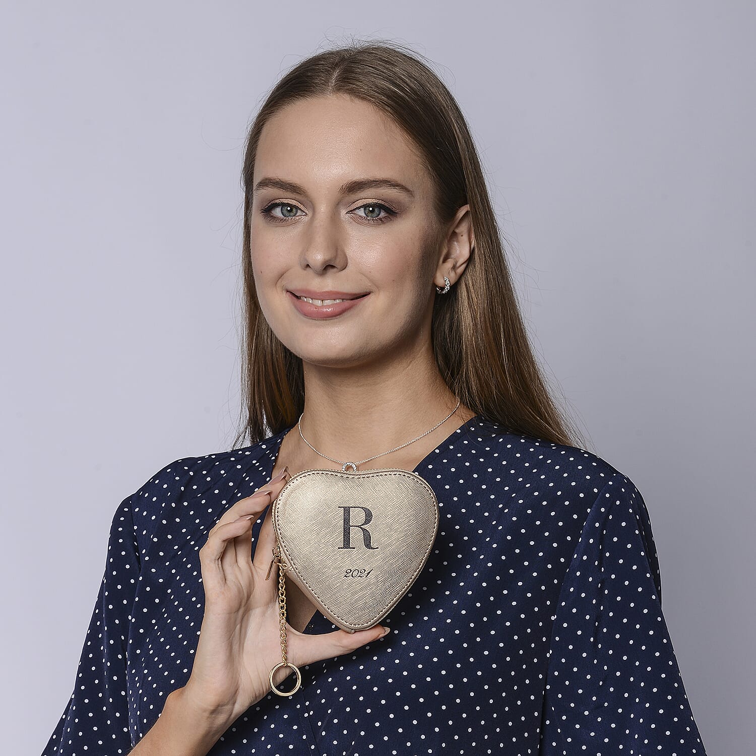 100% Genuine Leather R Initial Heart Shape Coin Card / Purse with Key Chain in Gold Colour (Size 12x2x12cm)