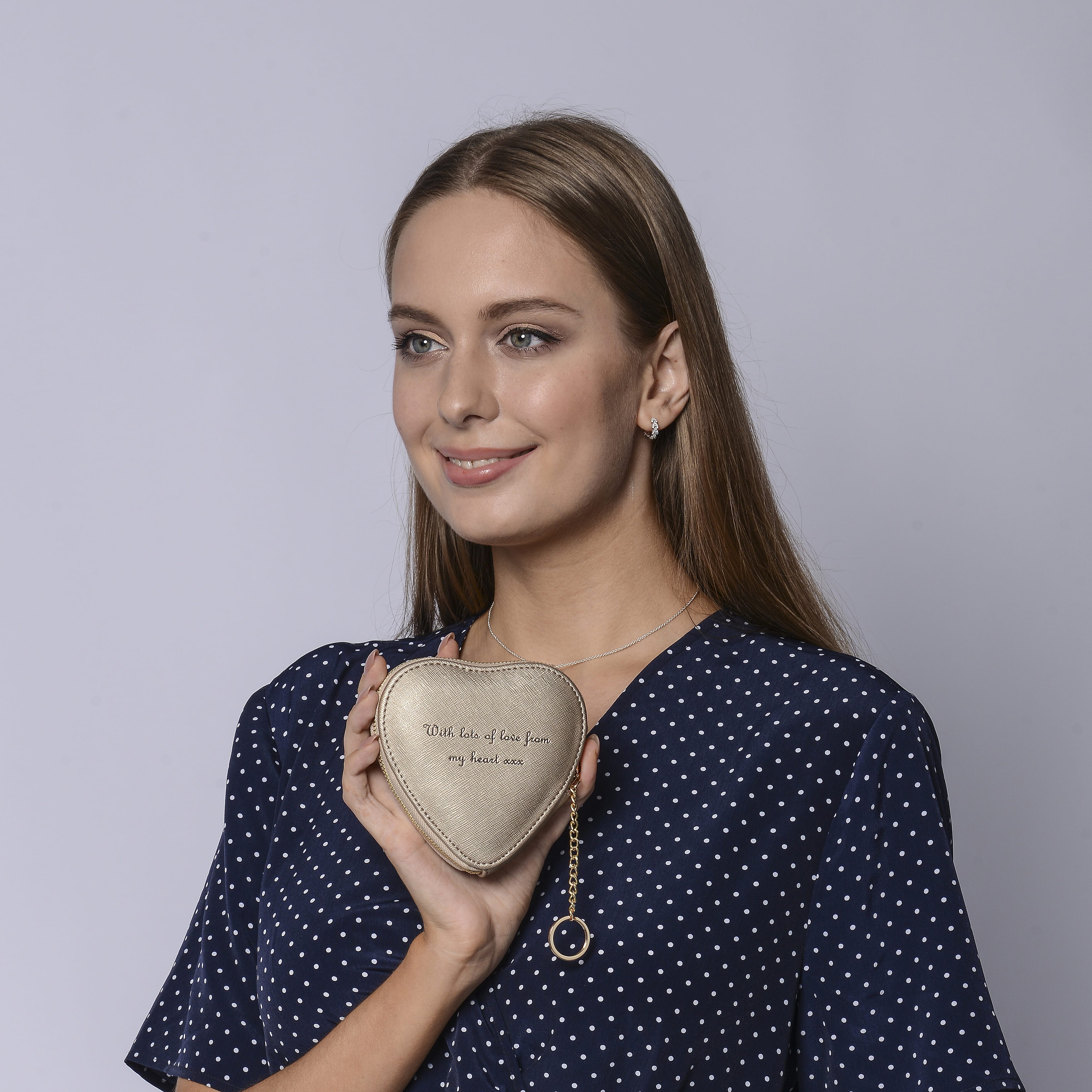 100% Genuine Leather R Initial Heart Shape Coin Card / Purse with Key Chain in Gold Colour (Size 12x2x12cm)