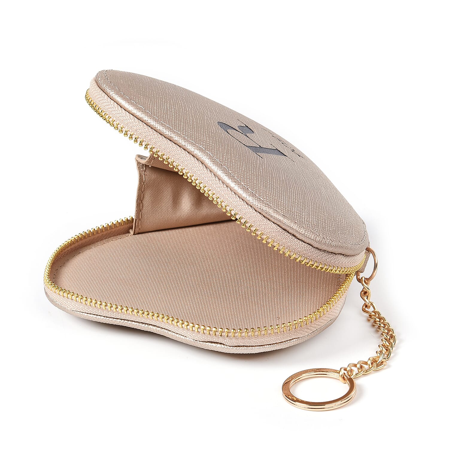 100% Genuine Leather R Initial Heart Shape Coin Card / Purse with Key Chain in Gold Colour (Size 12x2x12cm)