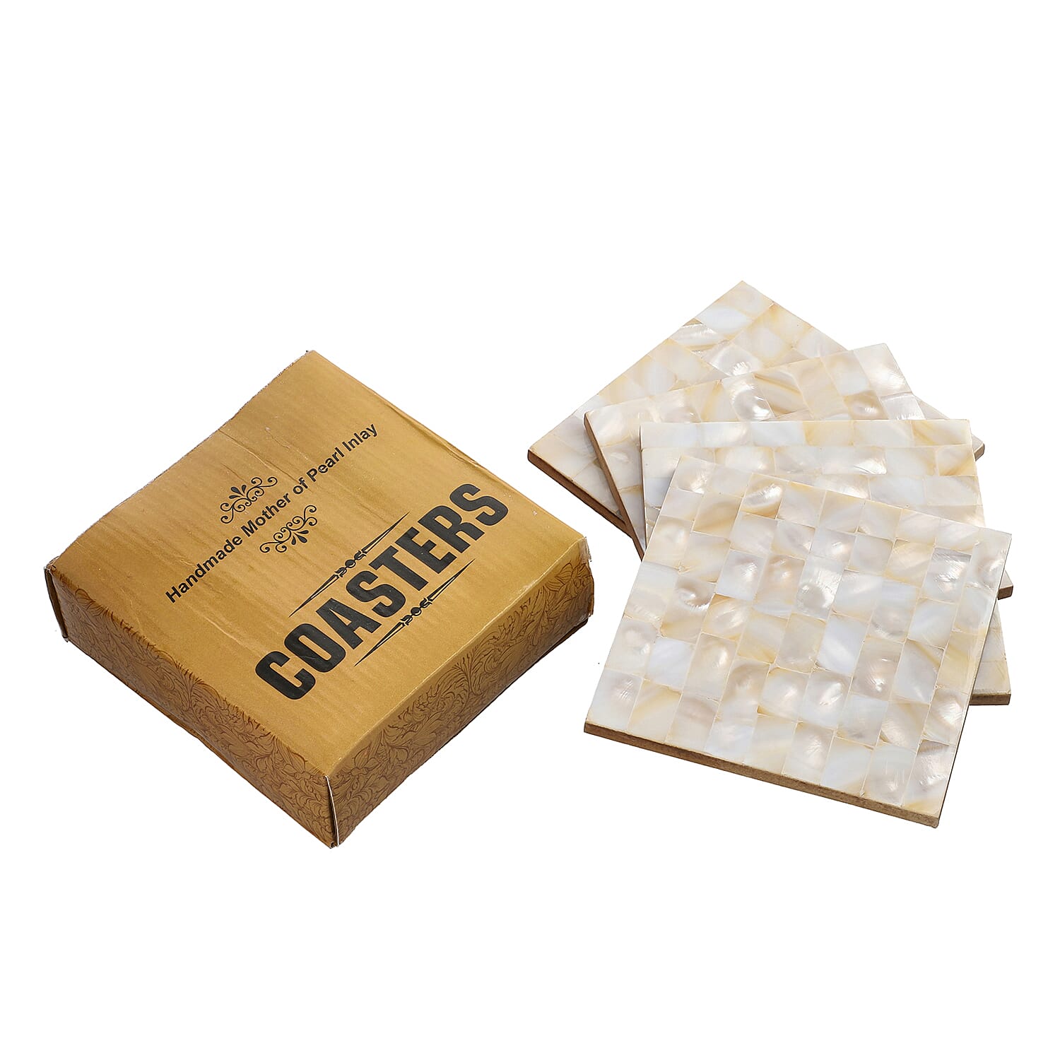 Set of 4 Small MDF Coasters with MOP (Size 10 Cm) - Cream & Ivory