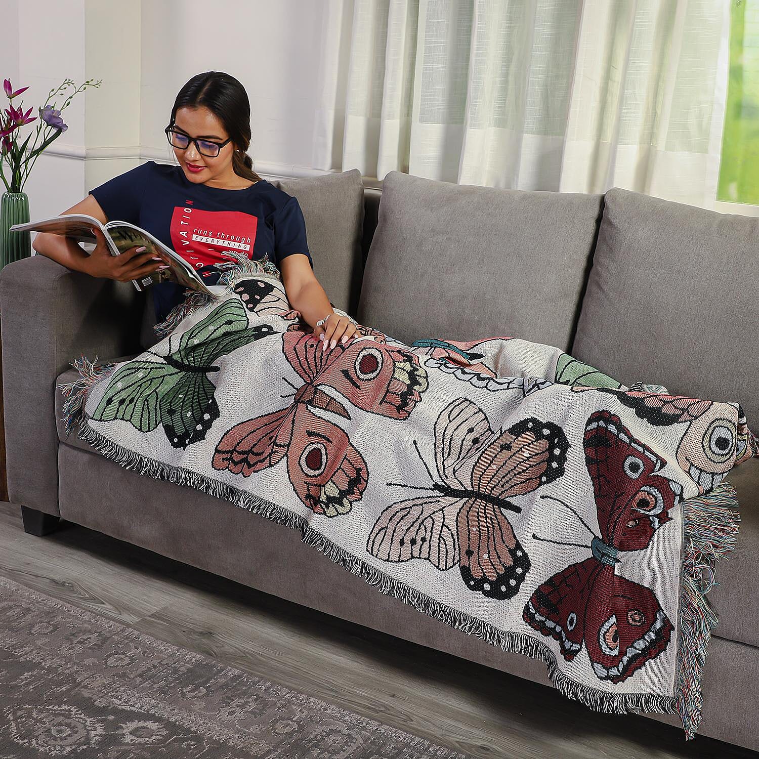 100% Cotton Jacquard Woven Butterfly Print Throw Blanket with Fringes Off White and Multi
