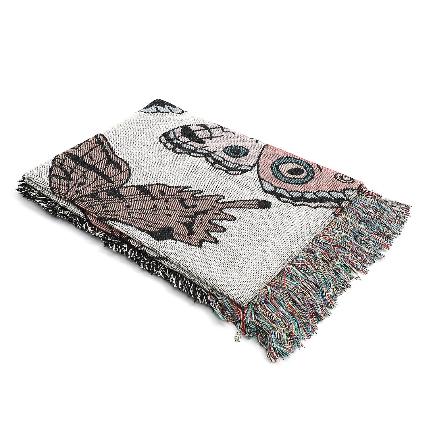 100% Cotton Jacquard Woven Butterfly Print Throw Blanket with Fringes Off White and Multi