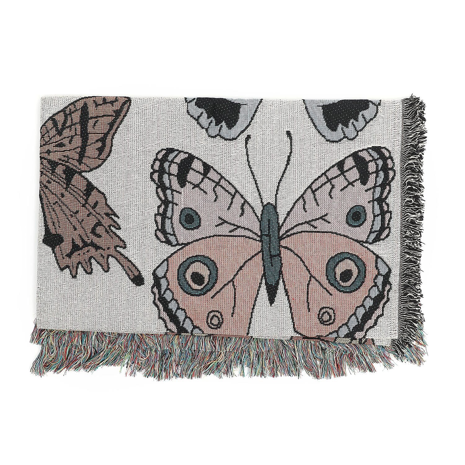 100% Cotton Jacquard Woven Butterfly Print Throw Blanket with Fringes Off White and Multi
